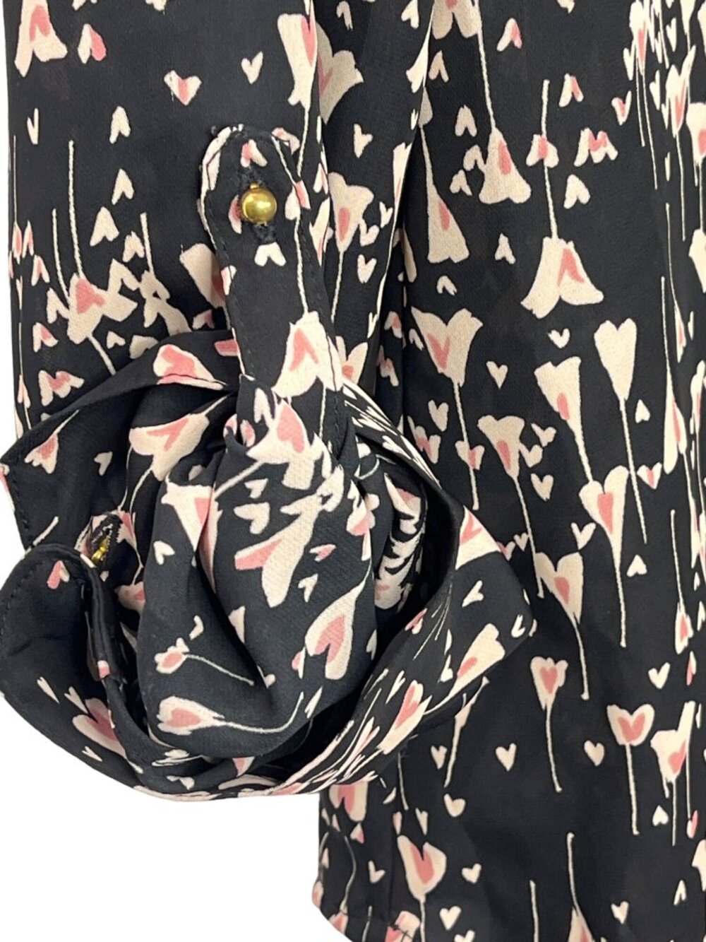 LC Lauren Conrad Womens XS Black Pink Floral Roll Tab Sleeve Blouse - Picture 5 of 12